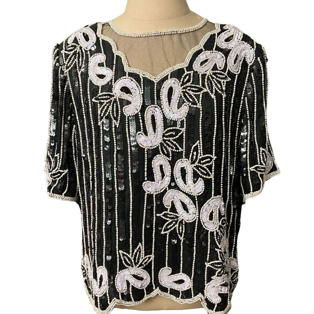 Stenay Vintage Fully Beaded Sequined Silk Blouse / SZ: L